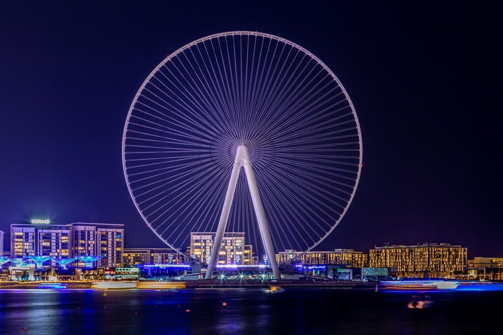 ferris wheel, landscape, dubai, u a e, night, lights, architecture, lighting, skyline, large, cityscape, round, water, sea, perspective, nature, night photograph